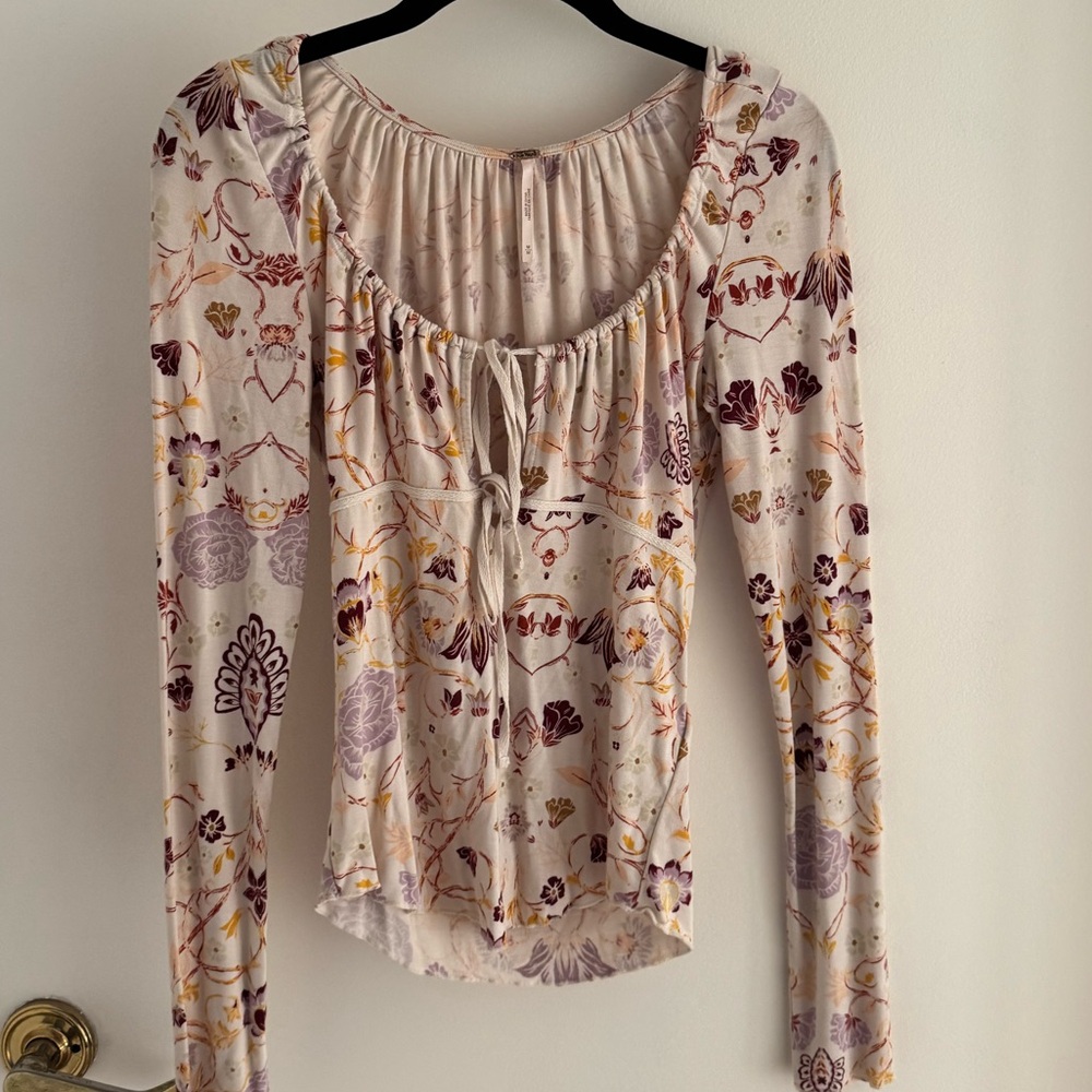 Free People Cream and Purple Floral Blouse